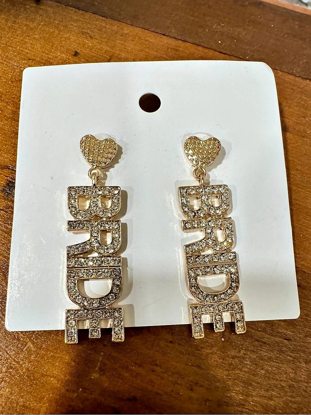 Bride Rhinestone Dangle Earrings in Gold Tone - Bride-to-be